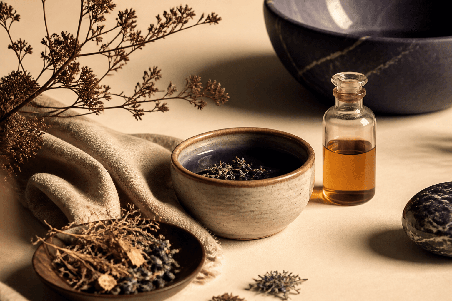 Editorial still life — ceramic bowl, apothecary bottle, dried botanicals on cream linen
